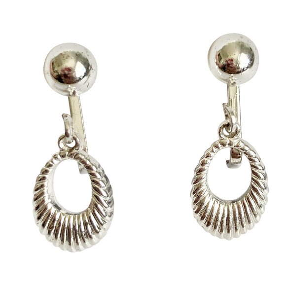 Vintage Clip On Earrings Silver Plated Dangle Oval Drop Minimalist Door Knocker - Picture 1 of 9